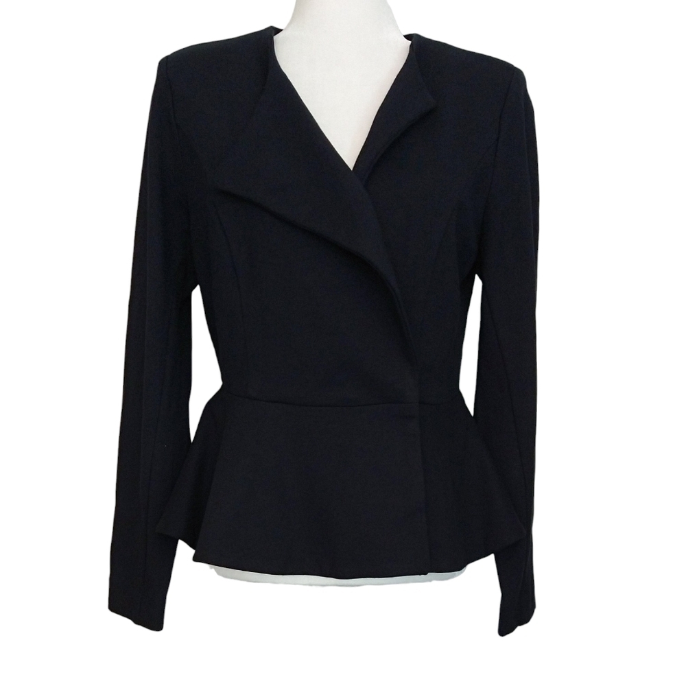 Cabi 3549 Agency Black Ponte Knit Moto Snap Jacket Peplum Hem Modern Stretch